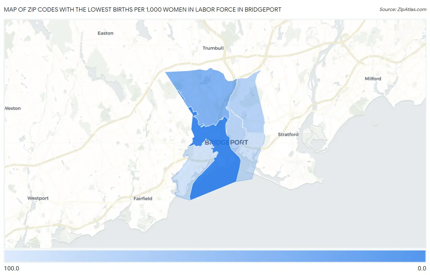 Zip Codes with the Lowest Births per 1,000 Women in Labor Force in Bridgeport Map