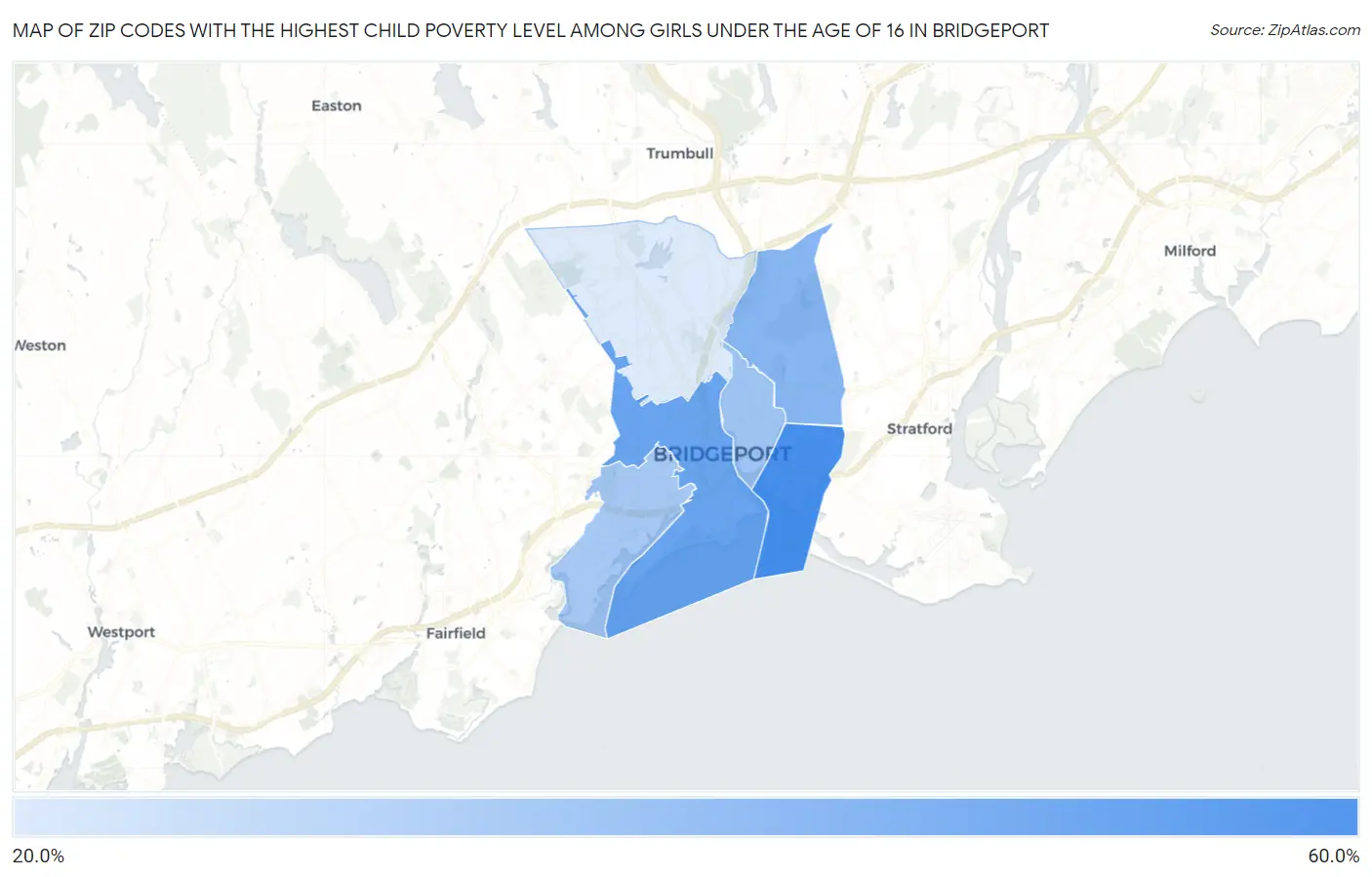 Zip Codes with the Highest Child Poverty Level Among Girls Under the Age of 16 in Bridgeport Map