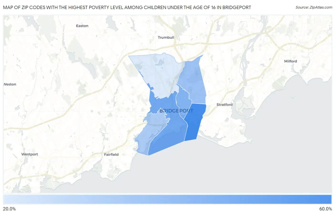 Zip Codes with the Highest Poverty Level Among Children Under the Age of 16 in Bridgeport Map