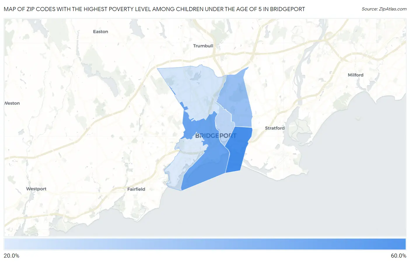 Zip Codes with the Highest Poverty Level Among Children Under the Age of 5 in Bridgeport Map