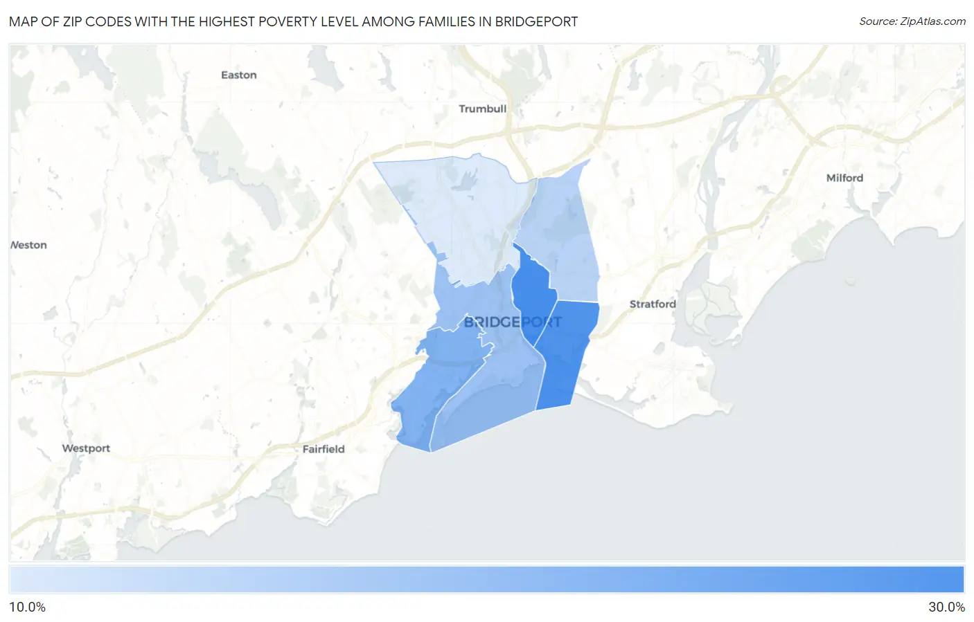 Zip Codes with the Highest Poverty Level Among Families in Bridgeport Map