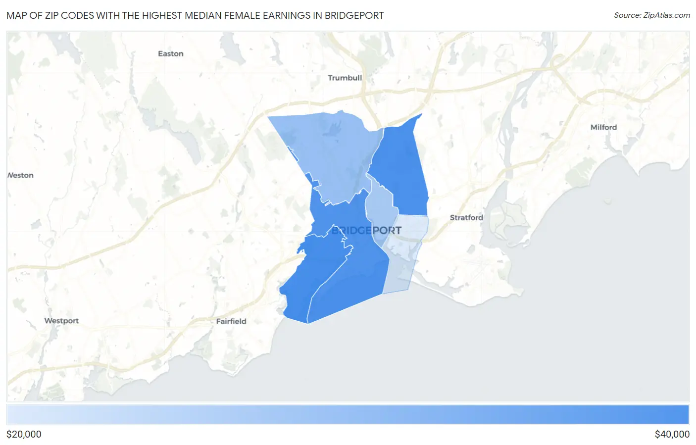 Zip Codes with the Highest Median Female Earnings in Bridgeport Map