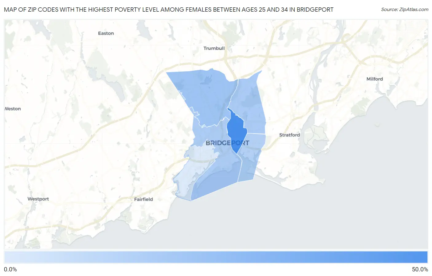Zip Codes with the Highest Poverty Level Among Females Between Ages 25 and 34 in Bridgeport Map