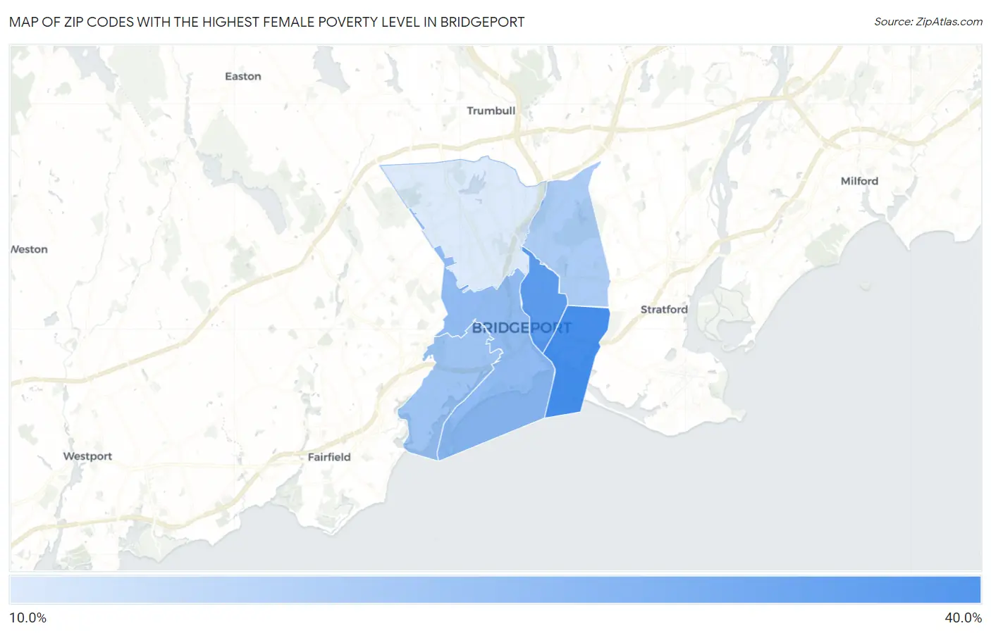 Zip Codes with the Highest Female Poverty Level in Bridgeport Map