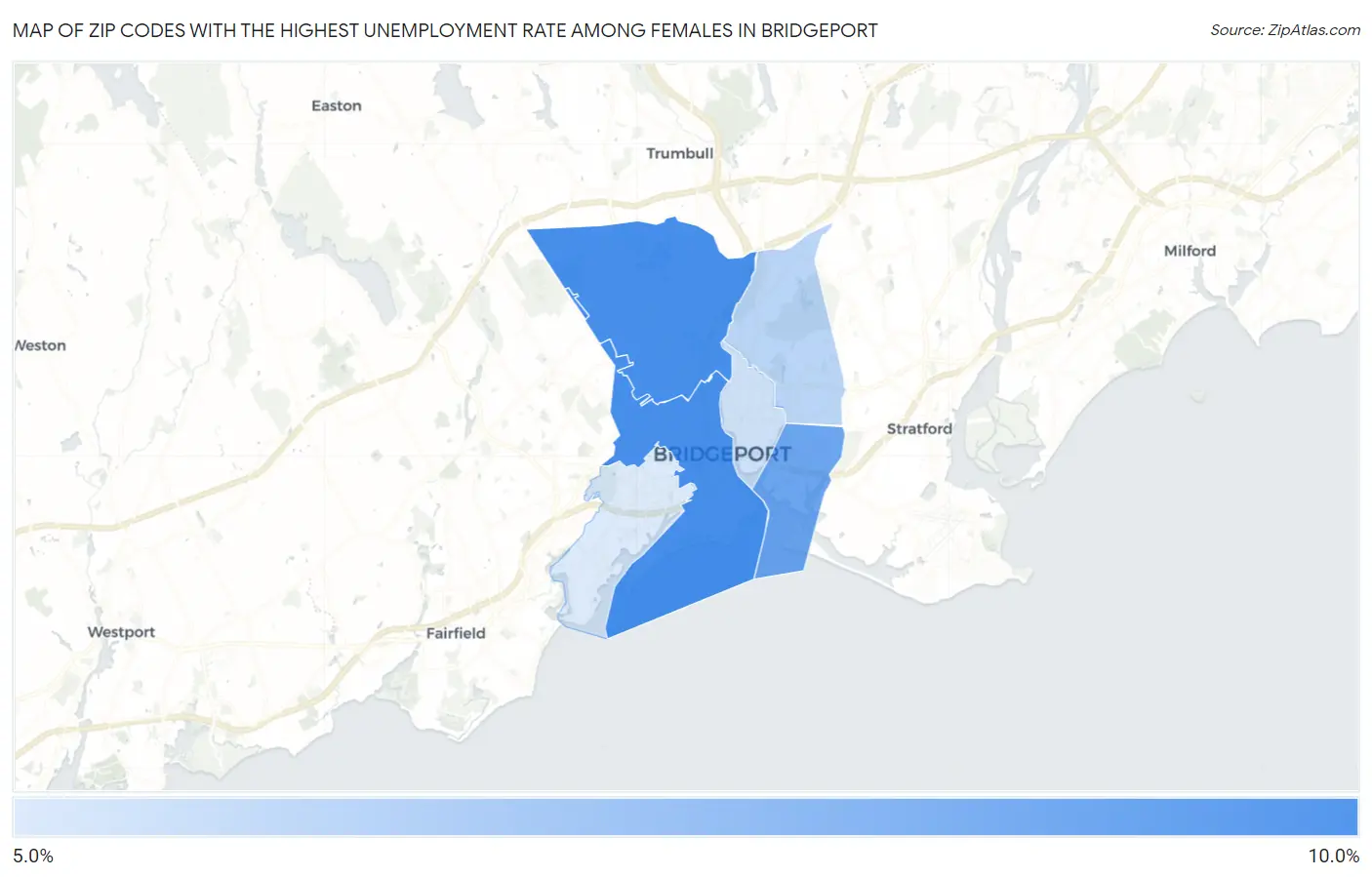 Zip Codes with the Highest Unemployment Rate Among Females in Bridgeport Map