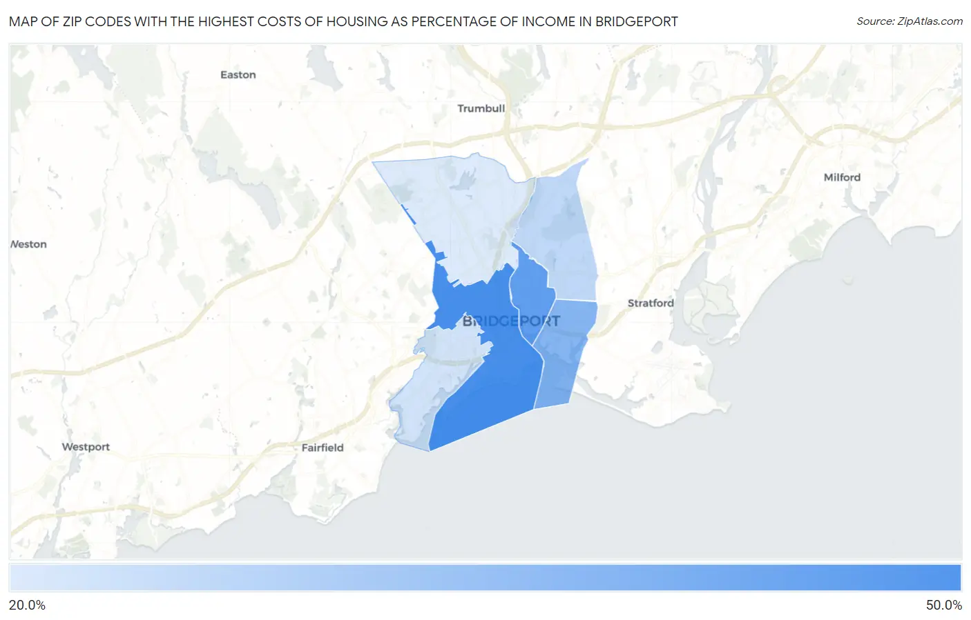 Zip Codes with the Highest Costs of Housing as Percentage of Income in Bridgeport Map
