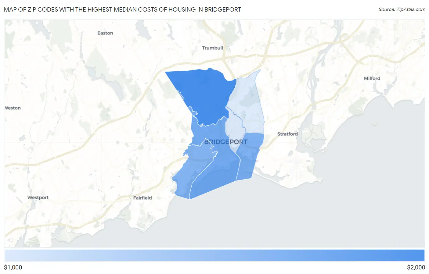 Zip Codes with the Highest Median Costs of Housing in Bridgeport Map