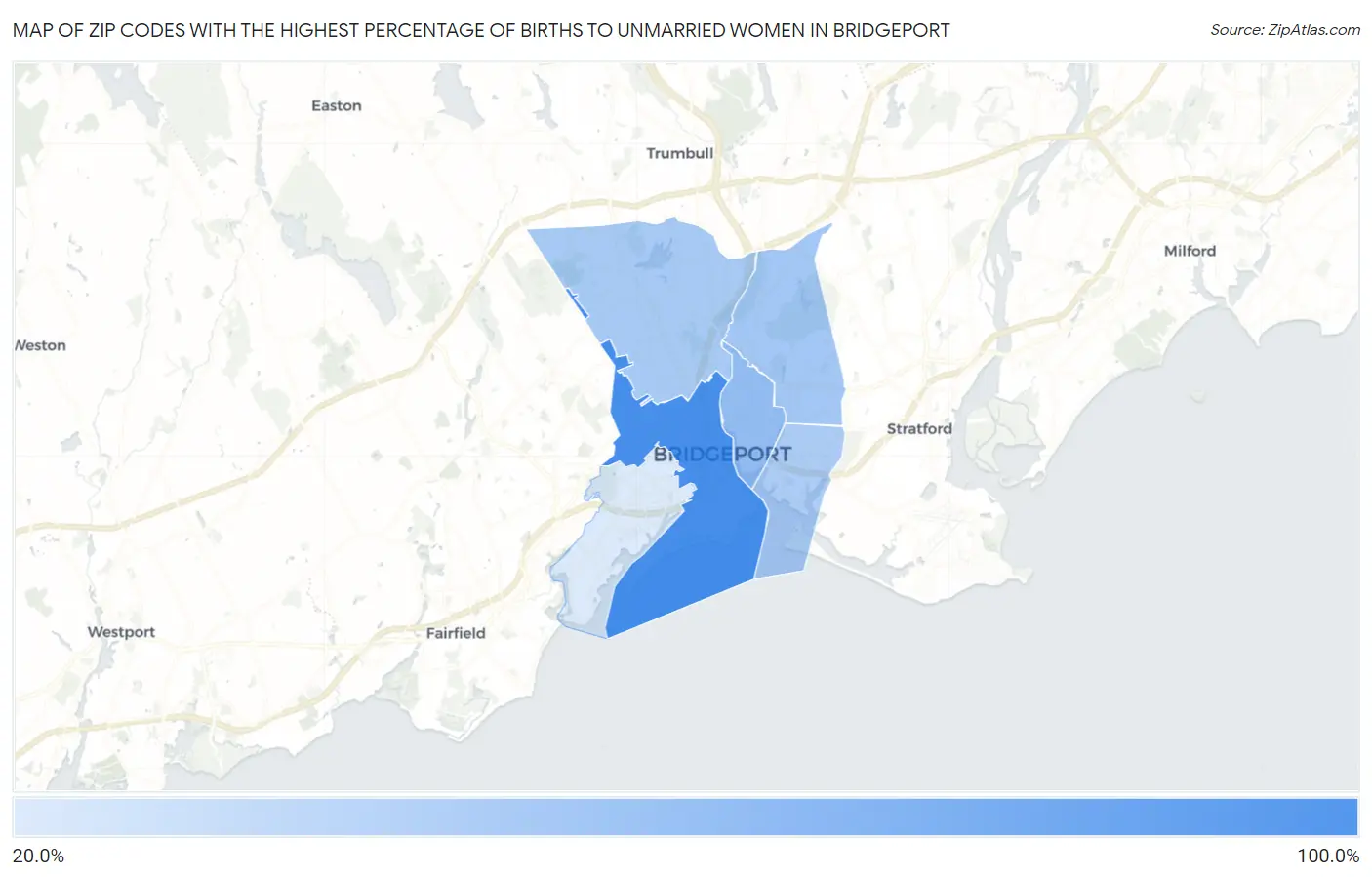 Zip Codes with the Highest Percentage of Births to Unmarried Women in Bridgeport Map