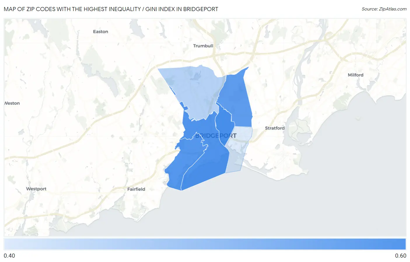Zip Codes with the Highest Inequality / Gini Index in Bridgeport Map