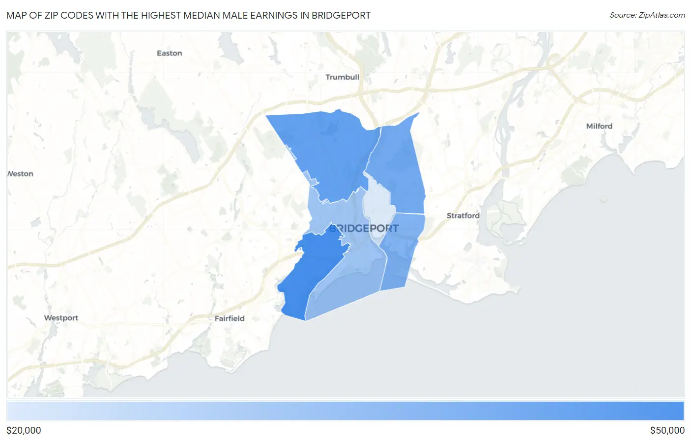 Zip Codes with the Highest Median Male Earnings in Bridgeport Map