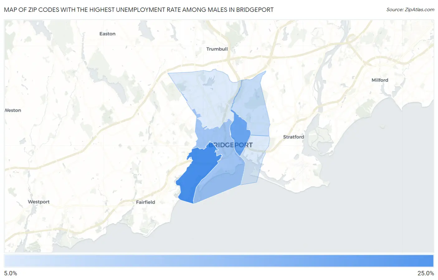 Zip Codes with the Highest Unemployment Rate Among Males in Bridgeport Map