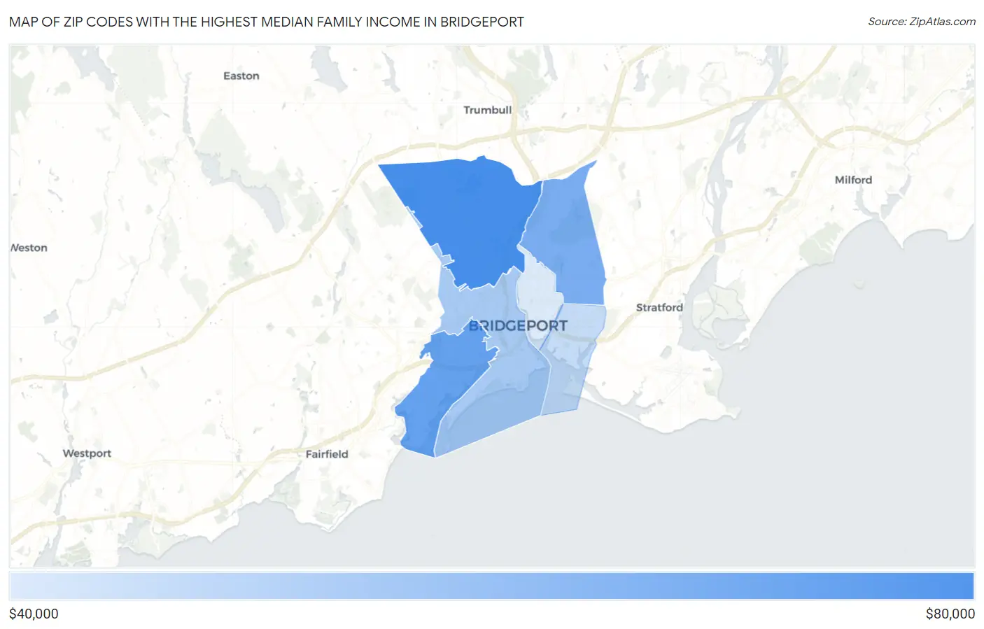 Zip Codes with the Highest Median Family Income in Bridgeport Map