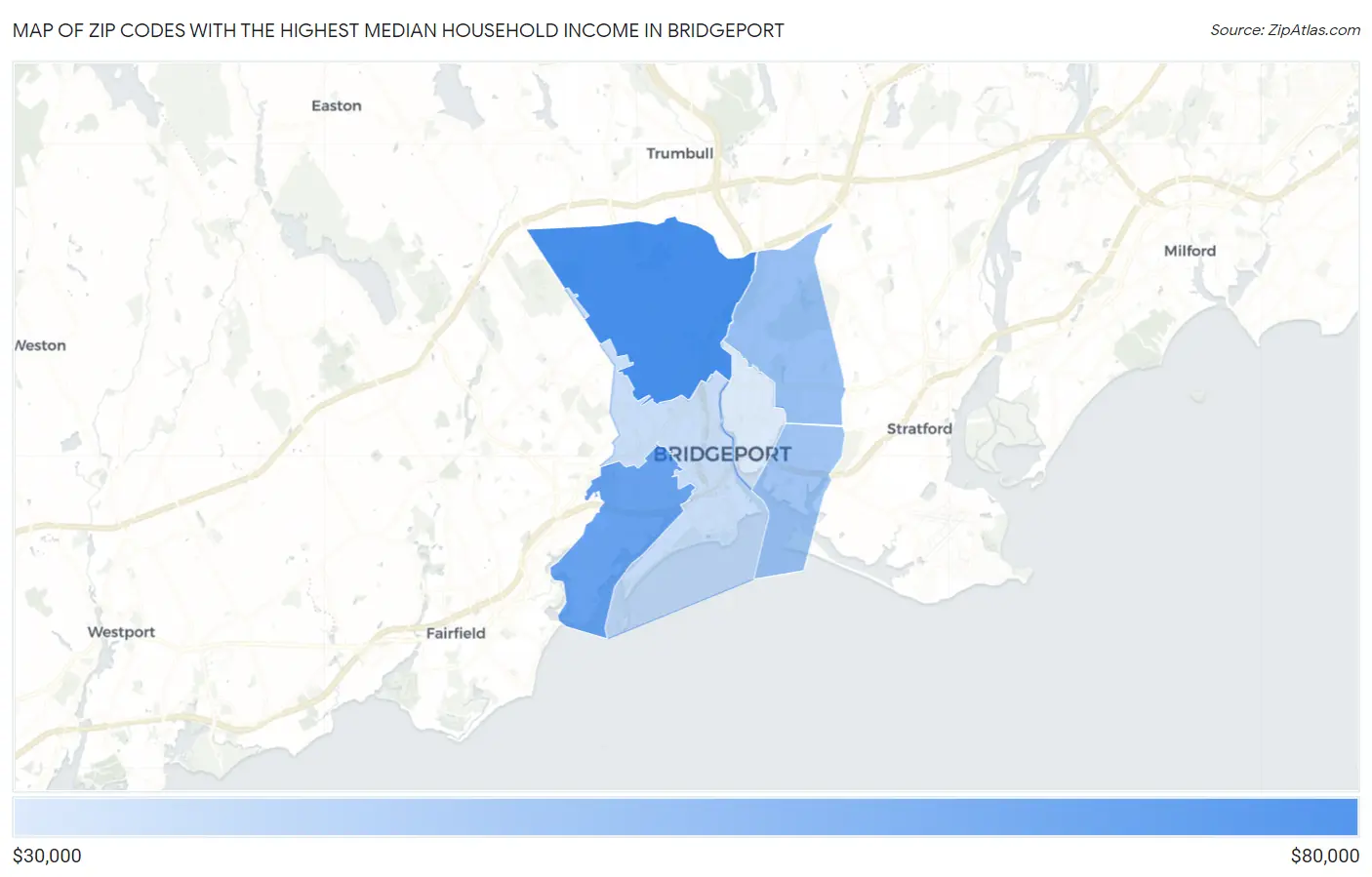 Zip Codes with the Highest Median Household Income in Bridgeport Map