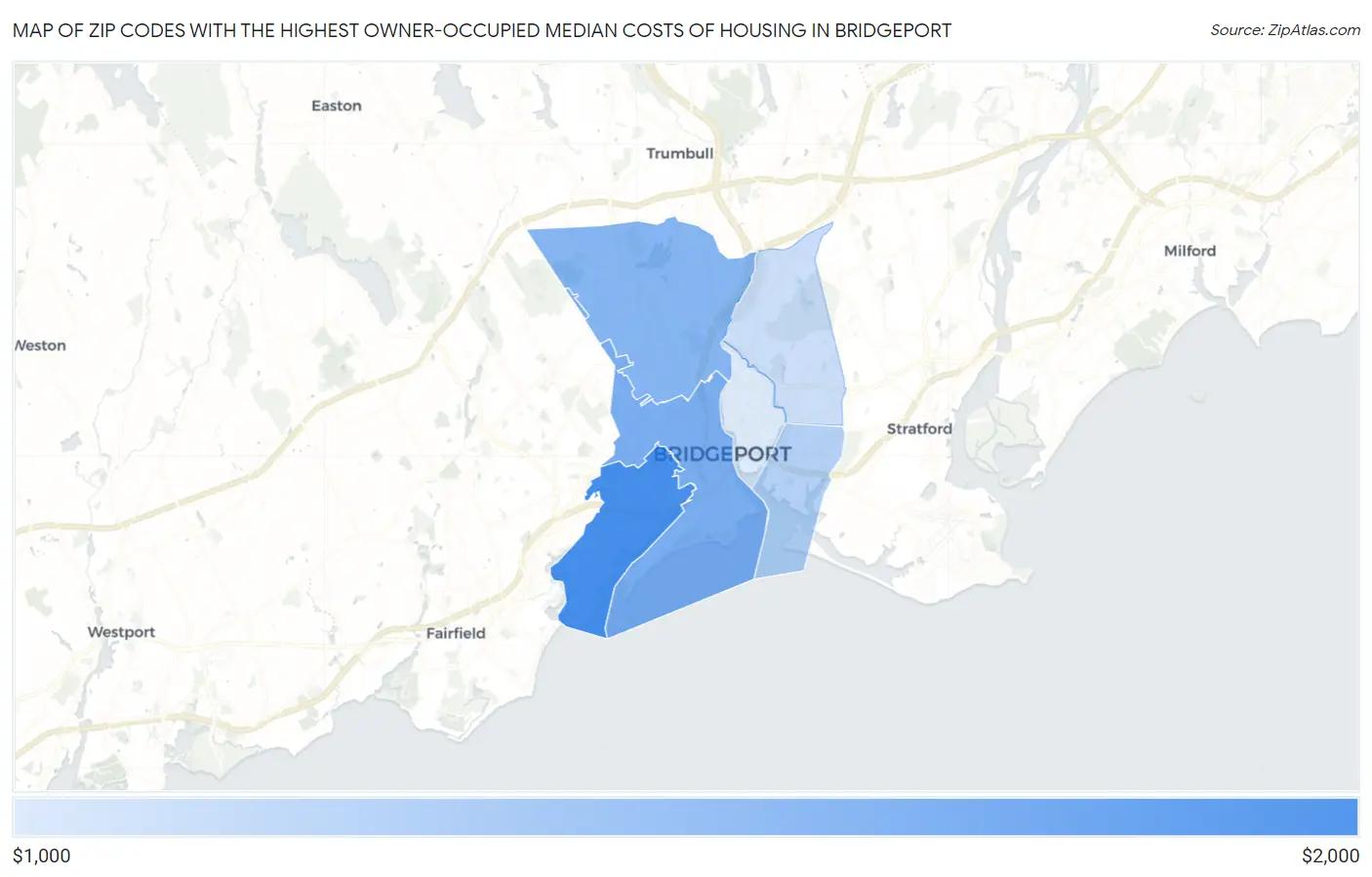 Zip Codes with the Highest Owner-Occupied Median Costs of Housing in Bridgeport Map