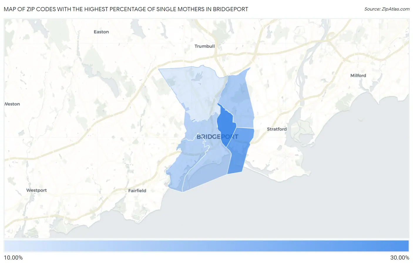 Zip Codes with the Highest Percentage of Single Mothers in Bridgeport Map