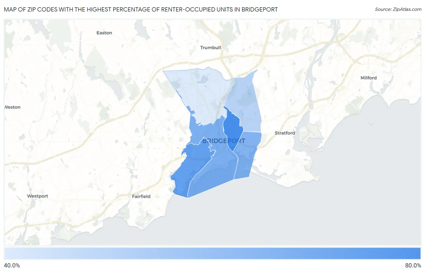 Zip Codes with the Highest Percentage of Renter-Occupied Units in Bridgeport Map