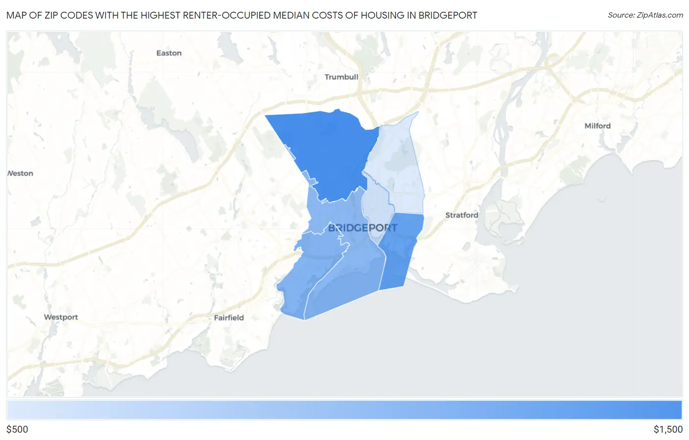 Zip Codes with the Highest Renter-Occupied Median Costs of Housing in Bridgeport Map