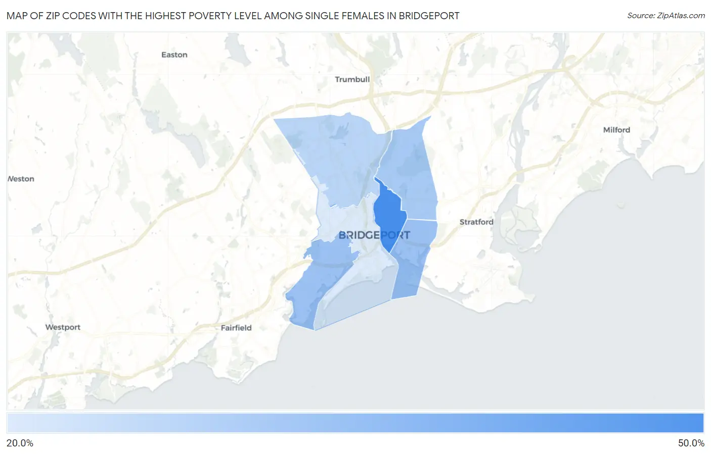 Zip Codes with the Highest Poverty Level Among Single Females in Bridgeport Map