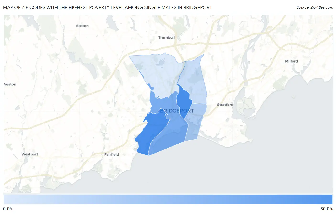 Zip Codes with the Highest Poverty Level Among Single Males in Bridgeport Map