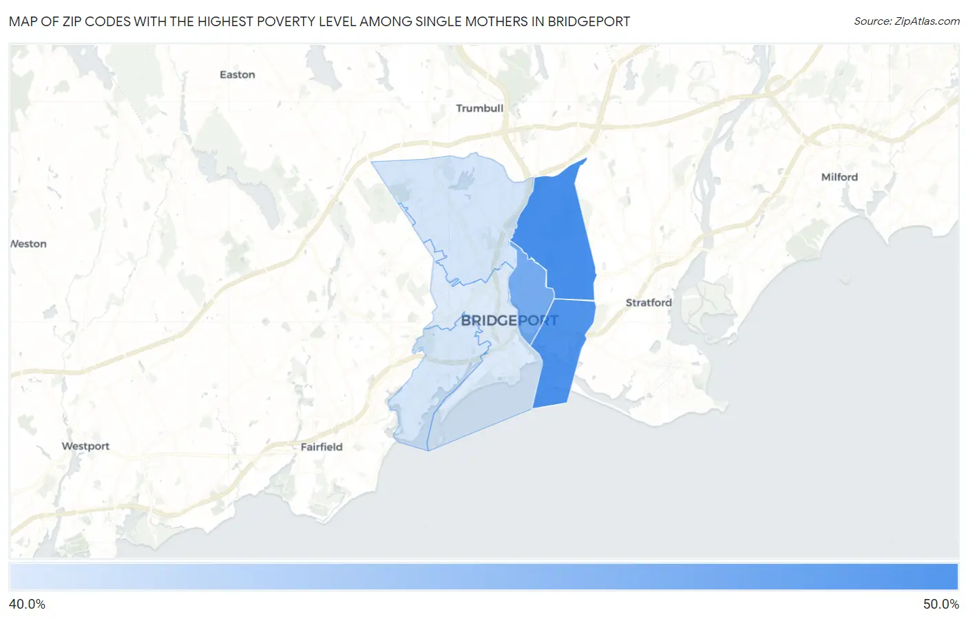 Zip Codes with the Highest Poverty Level Among Single Mothers in Bridgeport Map