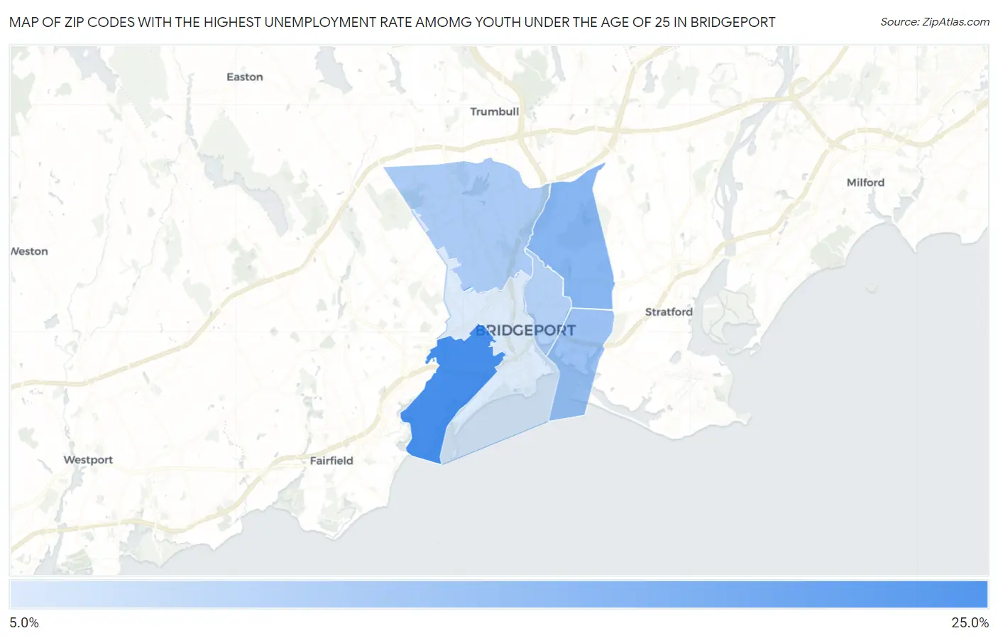 Zip Codes with the Highest Unemployment Rate Amomg Youth Under the Age of 25 in Bridgeport Map