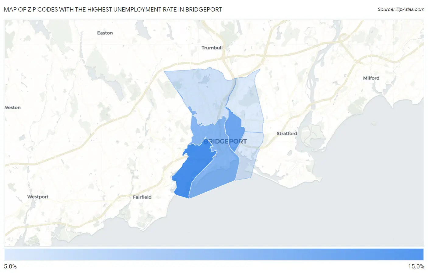 Zip Codes with the Highest Unemployment Rate in Bridgeport Map