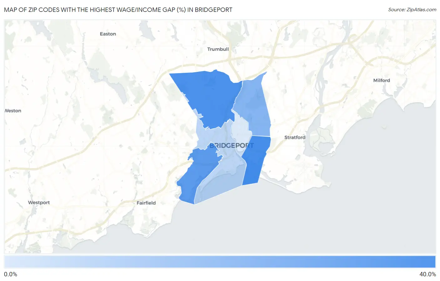 Zip Codes with the Highest Wage/Income Gap (%) in Bridgeport Map