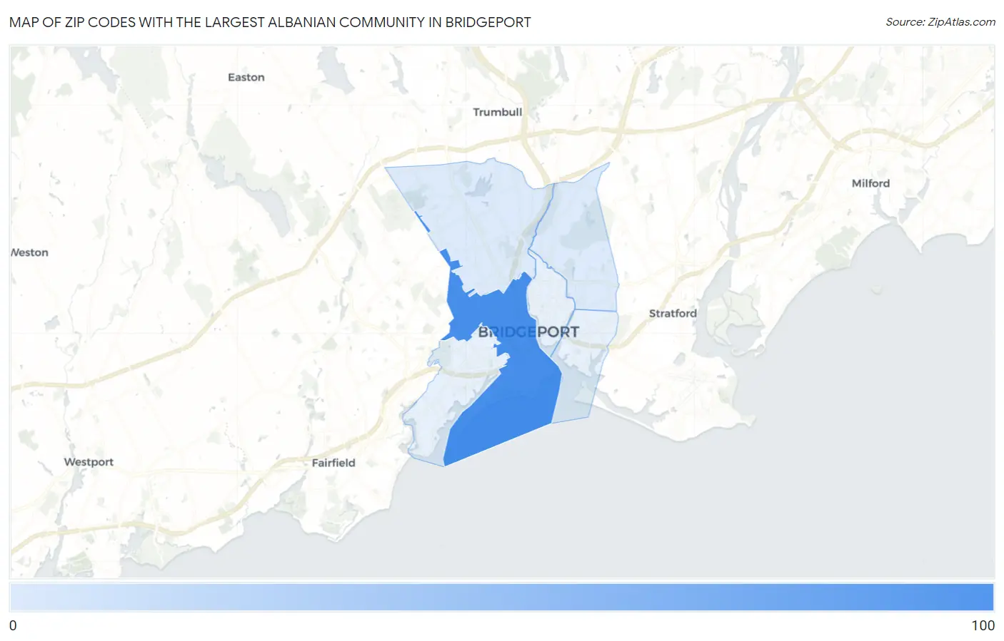 Zip Codes with the Largest Albanian Community in Bridgeport Map