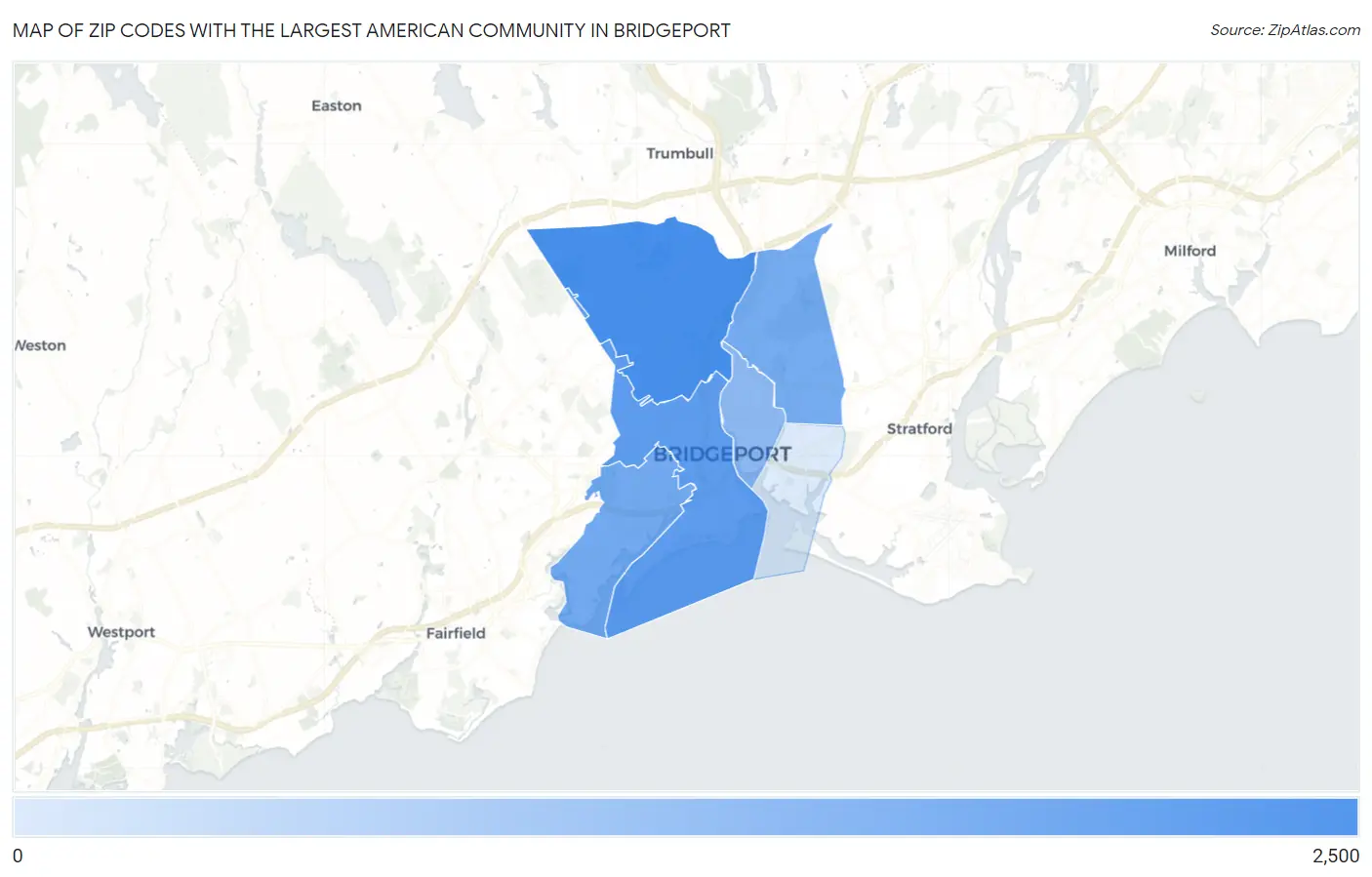 Zip Codes with the Largest American Community in Bridgeport Map
