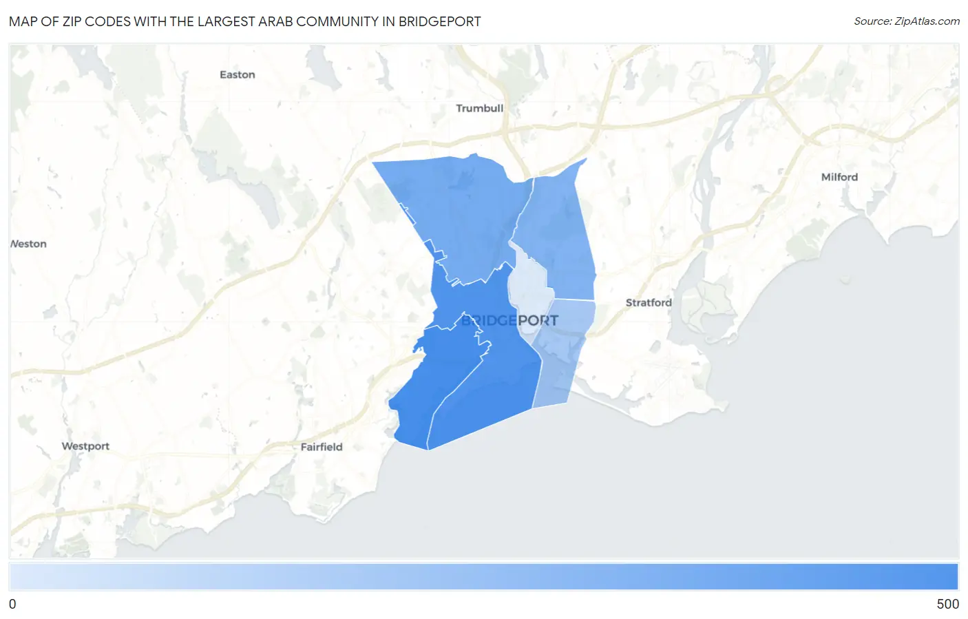 Zip Codes with the Largest Arab Community in Bridgeport Map