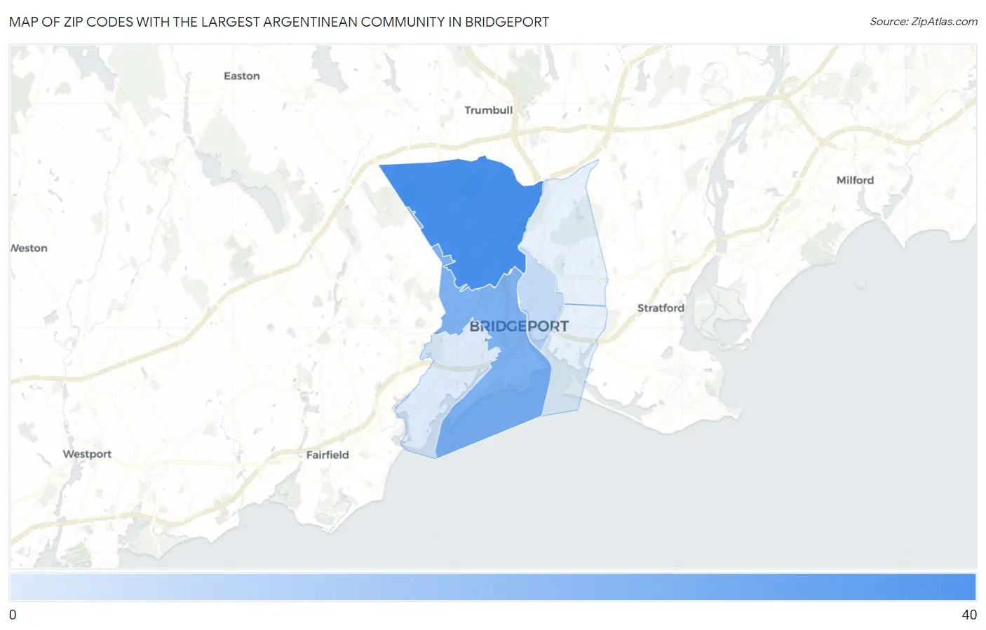 Zip Codes with the Largest Argentinean Community in Bridgeport Map