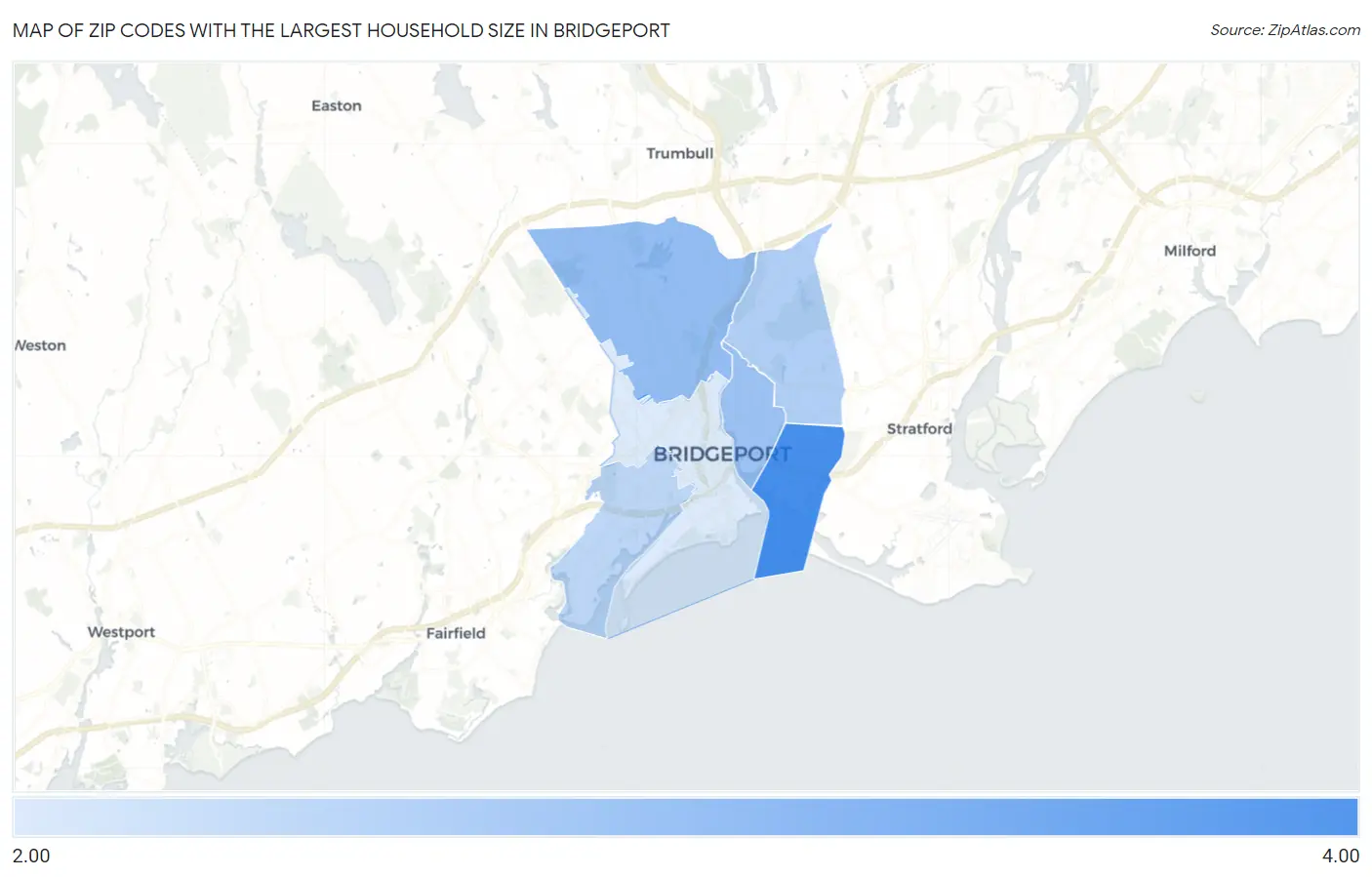Zip Codes with the Largest Household Size in Bridgeport Map