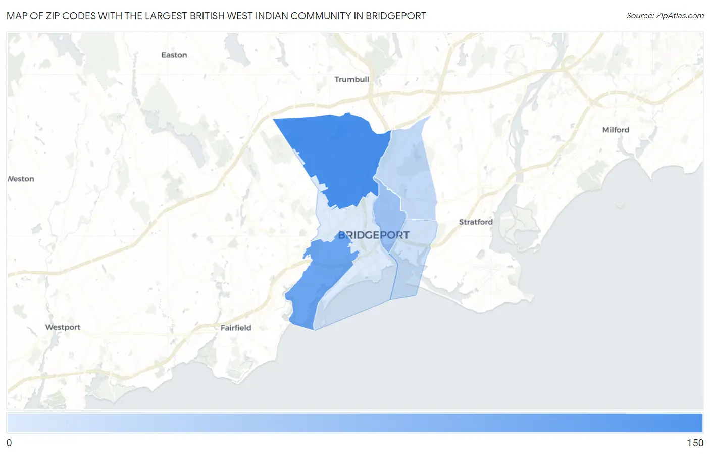 Zip Codes with the Largest British West Indian Community in Bridgeport Map