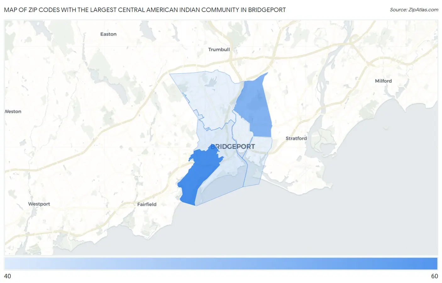 Zip Codes with the Largest Central American Indian Community in Bridgeport Map