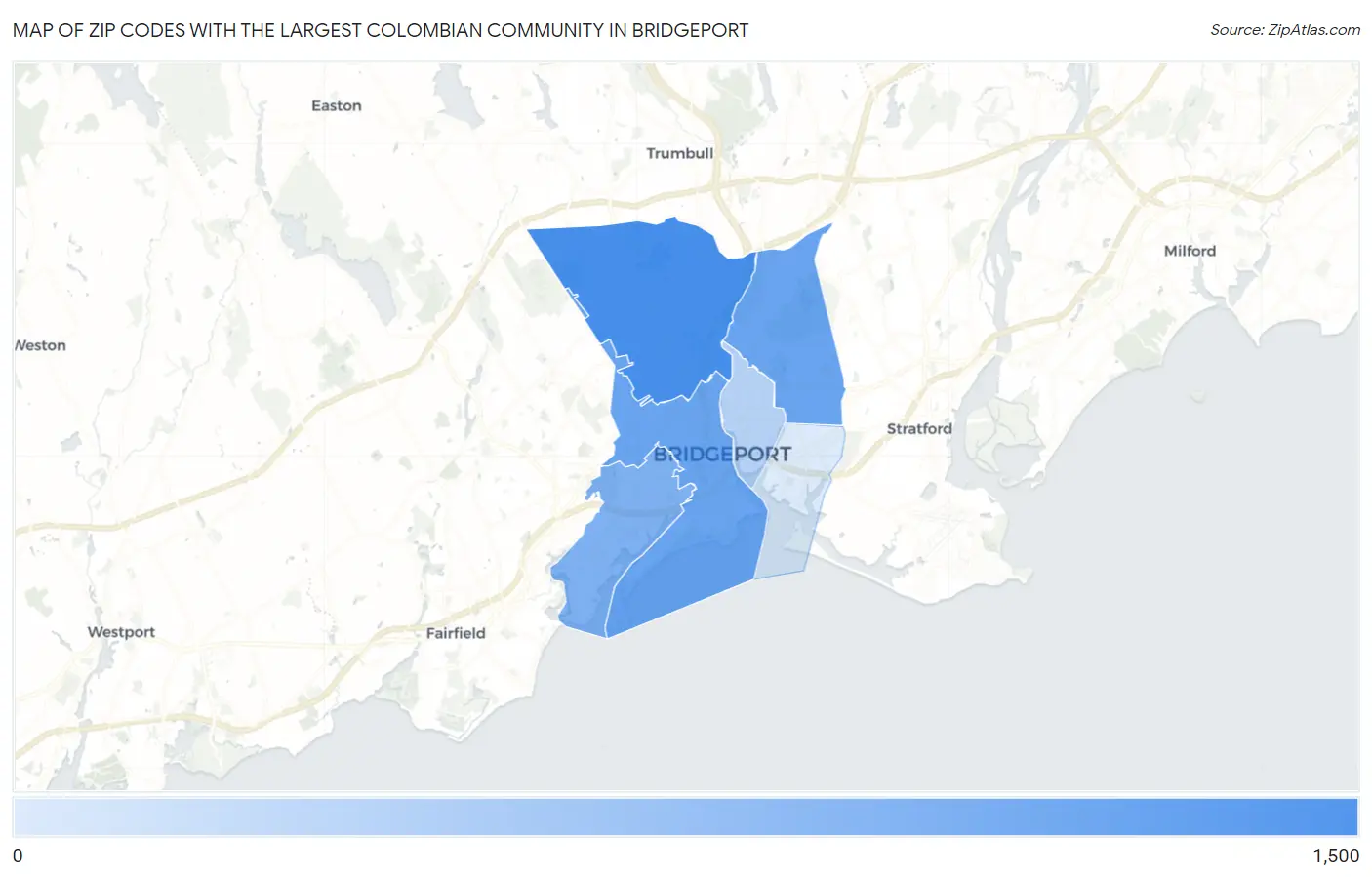 Zip Codes with the Largest Colombian Community in Bridgeport Map