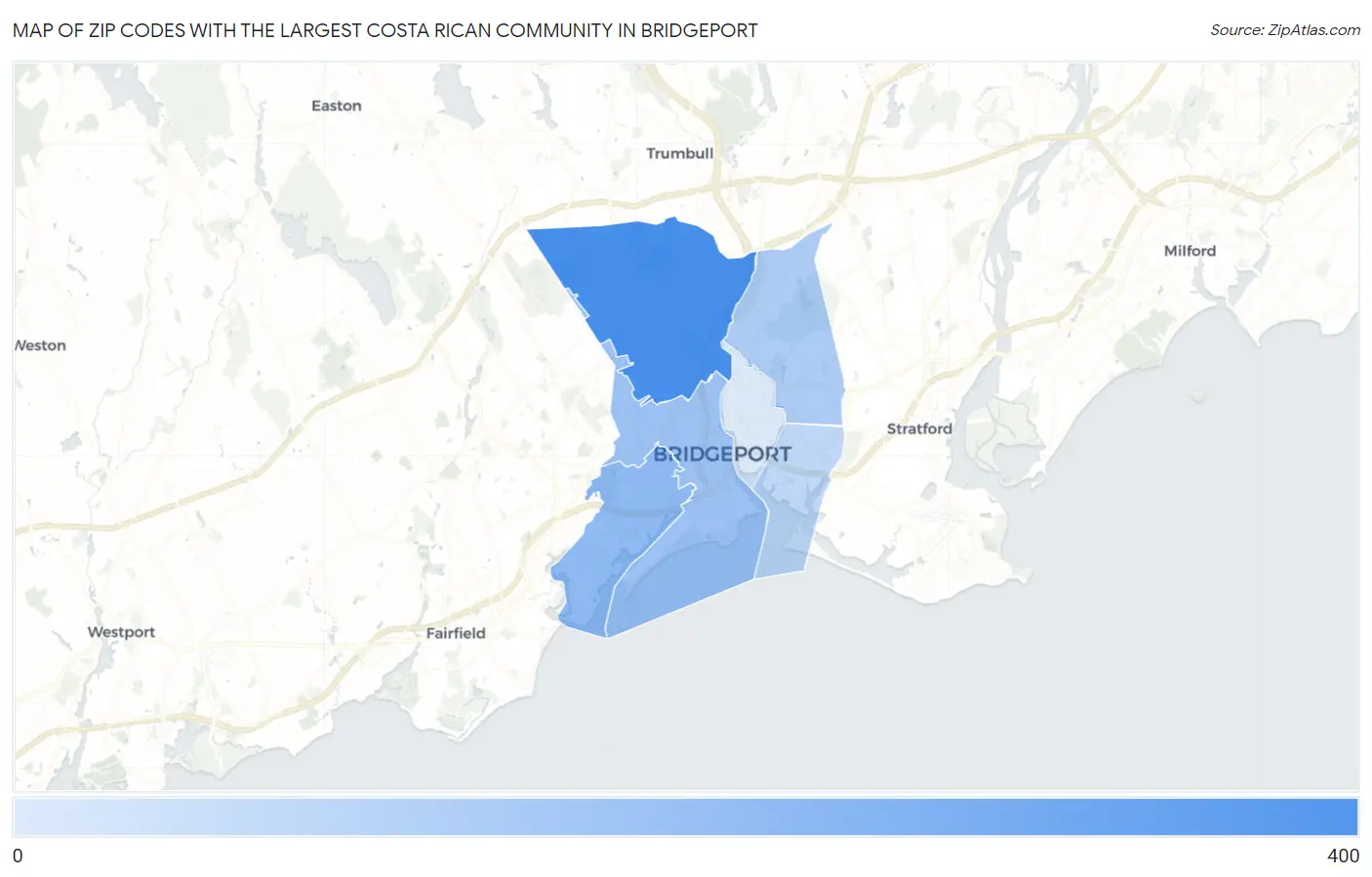 Zip Codes with the Largest Costa Rican Community in Bridgeport Map