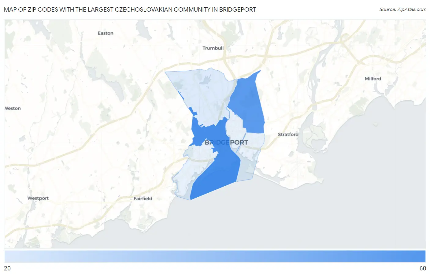 Zip Codes with the Largest Czechoslovakian Community in Bridgeport Map