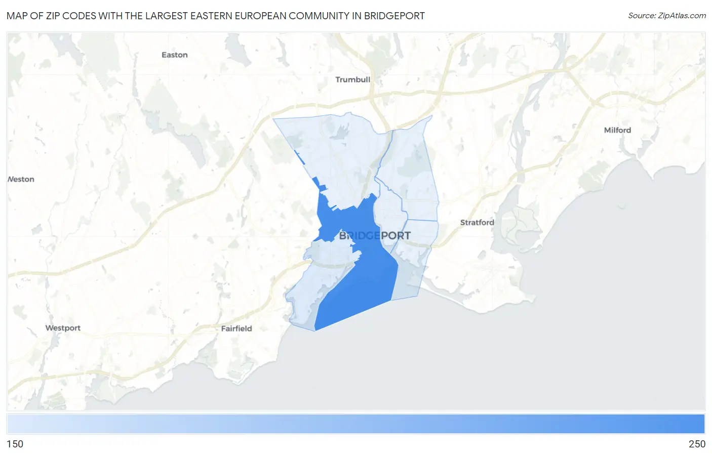 Zip Codes with the Largest Eastern European Community in Bridgeport Map