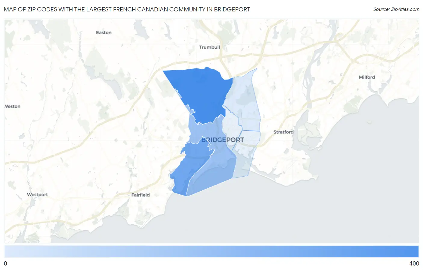 Zip Codes with the Largest French Canadian Community in Bridgeport Map