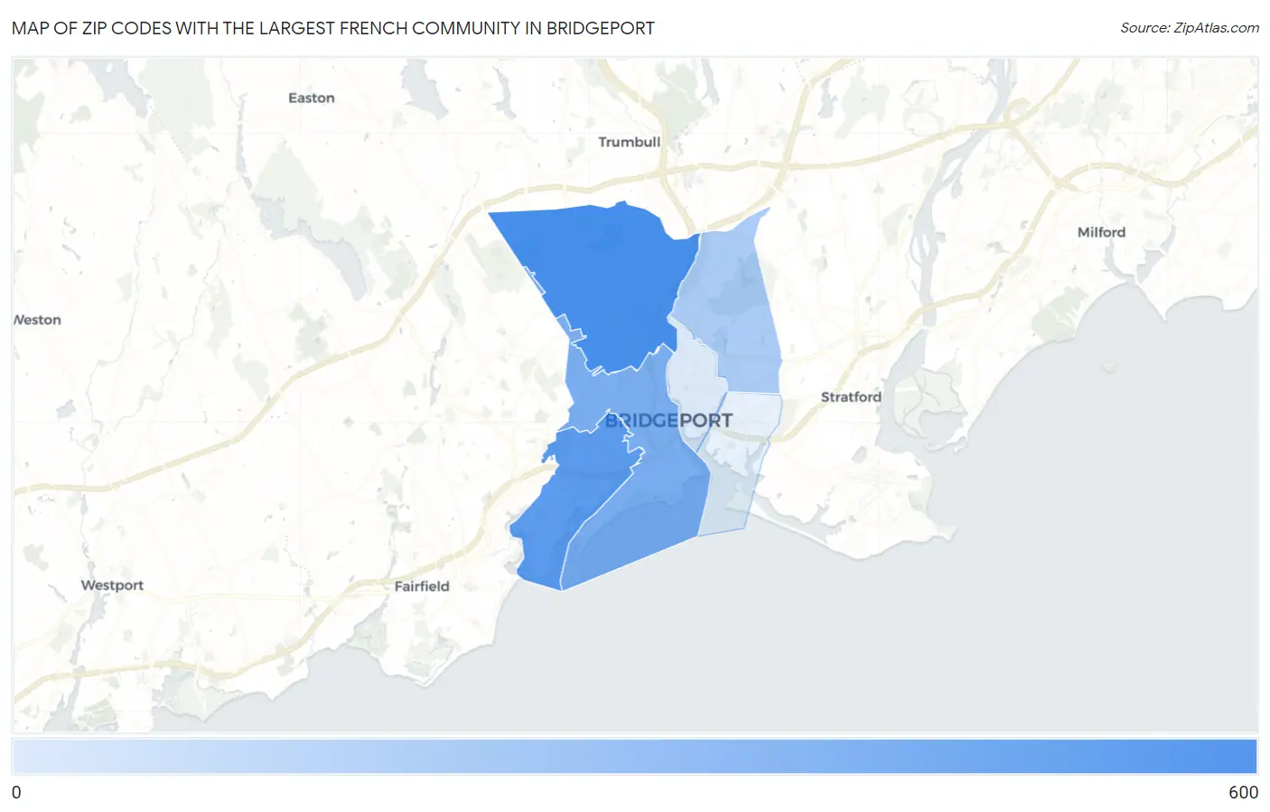 Zip Codes with the Largest French Community in Bridgeport Map