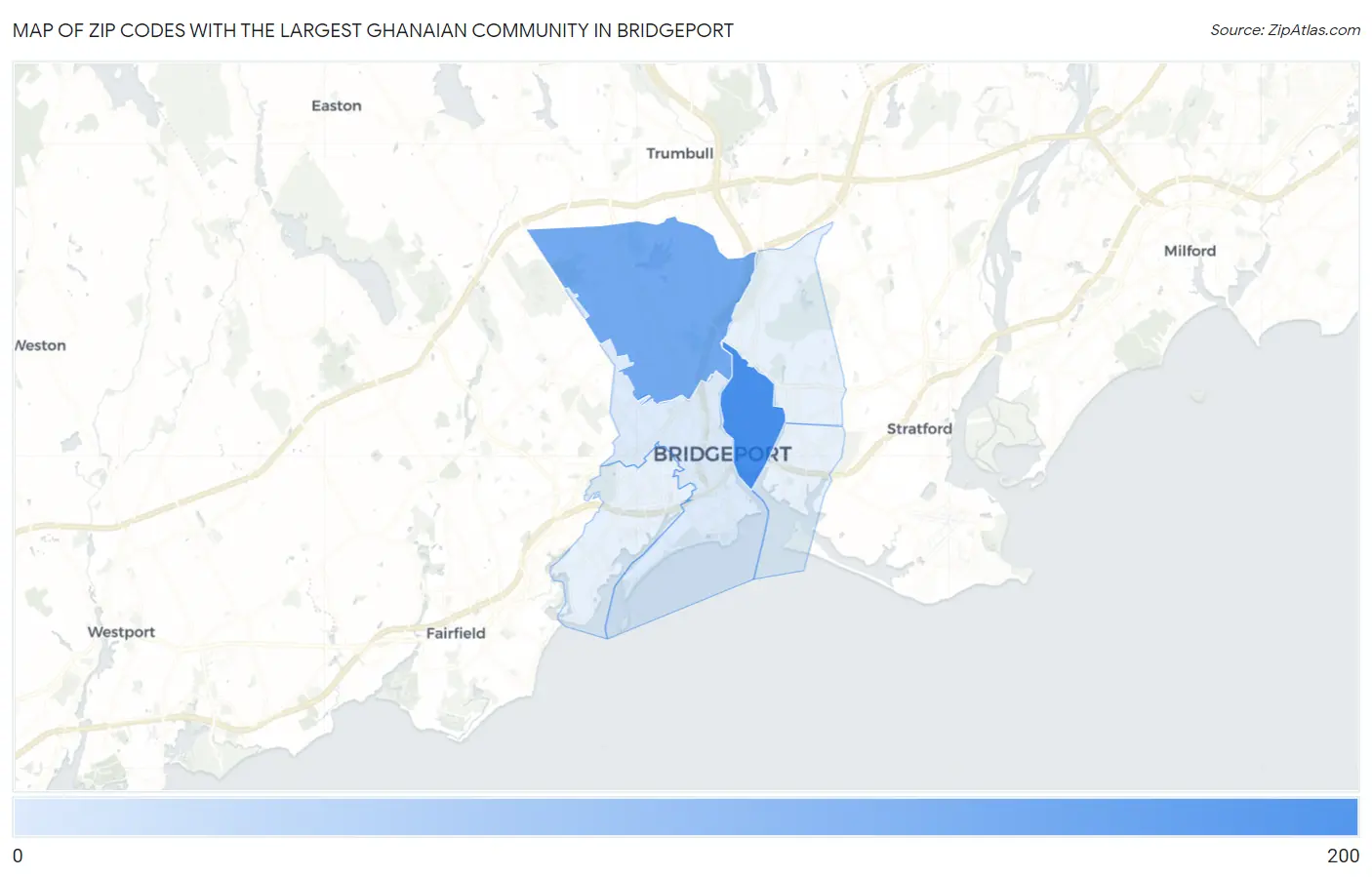 Zip Codes with the Largest Ghanaian Community in Bridgeport Map