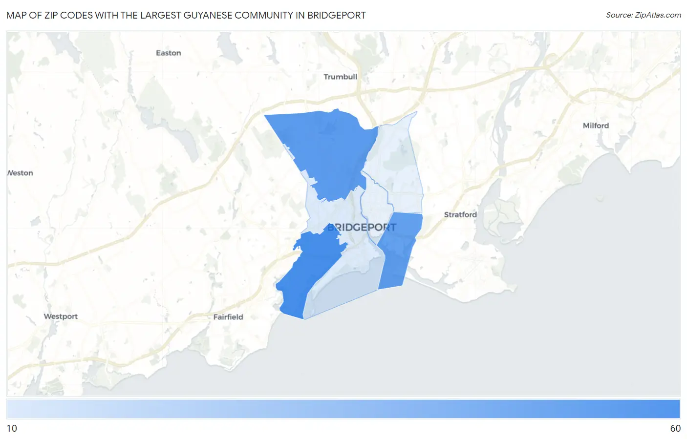 Zip Codes with the Largest Guyanese Community in Bridgeport Map