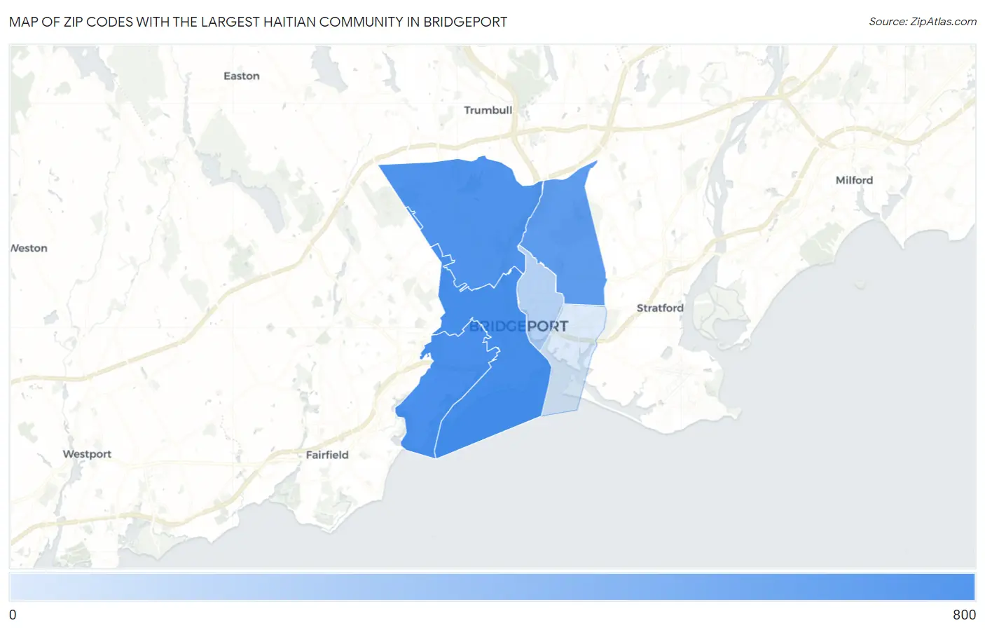 Zip Codes with the Largest Haitian Community in Bridgeport Map