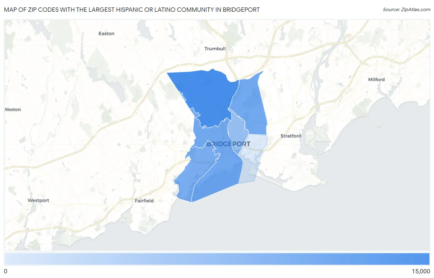Zip Codes with the Largest Hispanic or Latino Community in Bridgeport Map