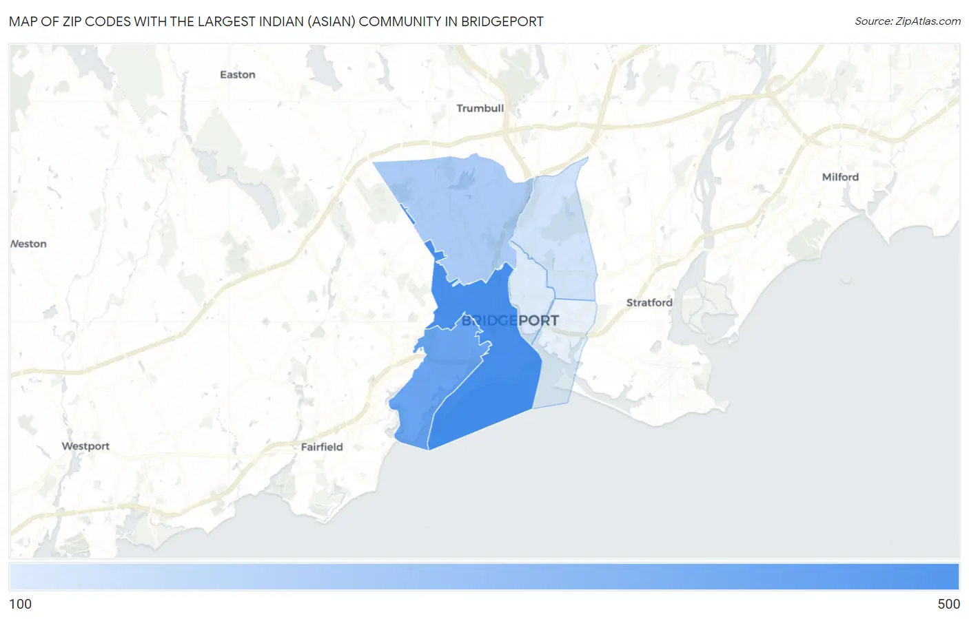 Zip Codes with the Largest Indian (Asian) Community in Bridgeport Map
