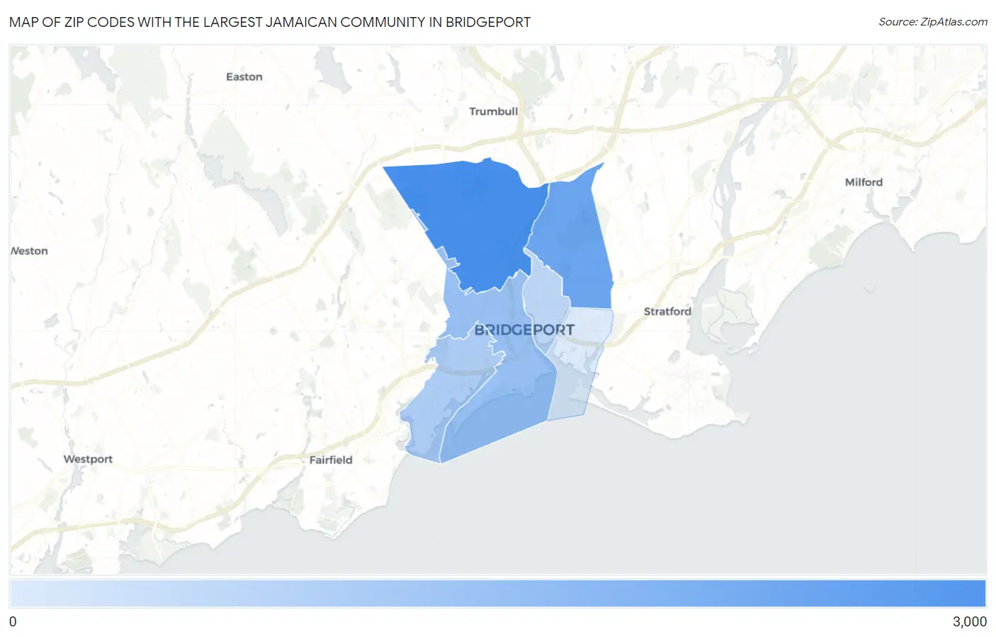 Zip Codes with the Largest Jamaican Community in Bridgeport Map