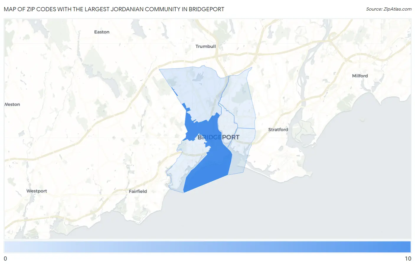 Zip Codes with the Largest Jordanian Community in Bridgeport Map