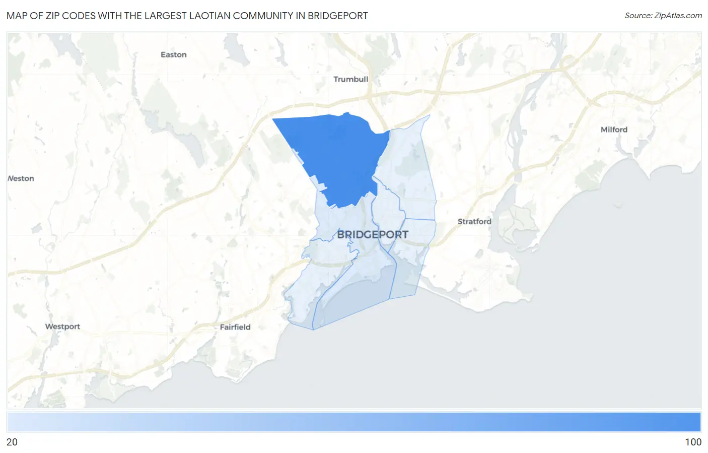 Zip Codes with the Largest Laotian Community in Bridgeport Map