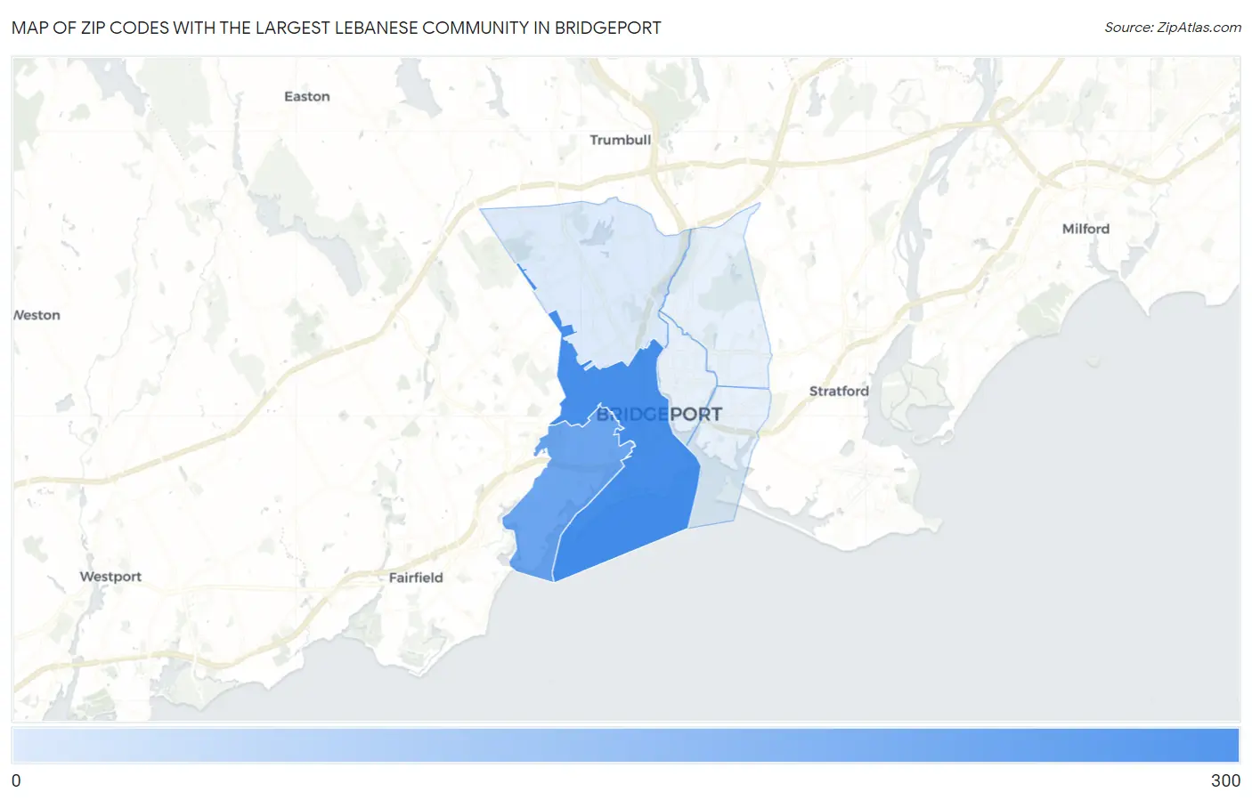 Zip Codes with the Largest Lebanese Community in Bridgeport Map
