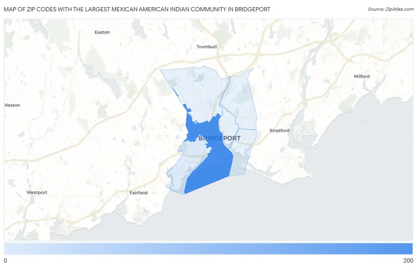Zip Codes with the Largest Mexican American Indian Community in Bridgeport Map